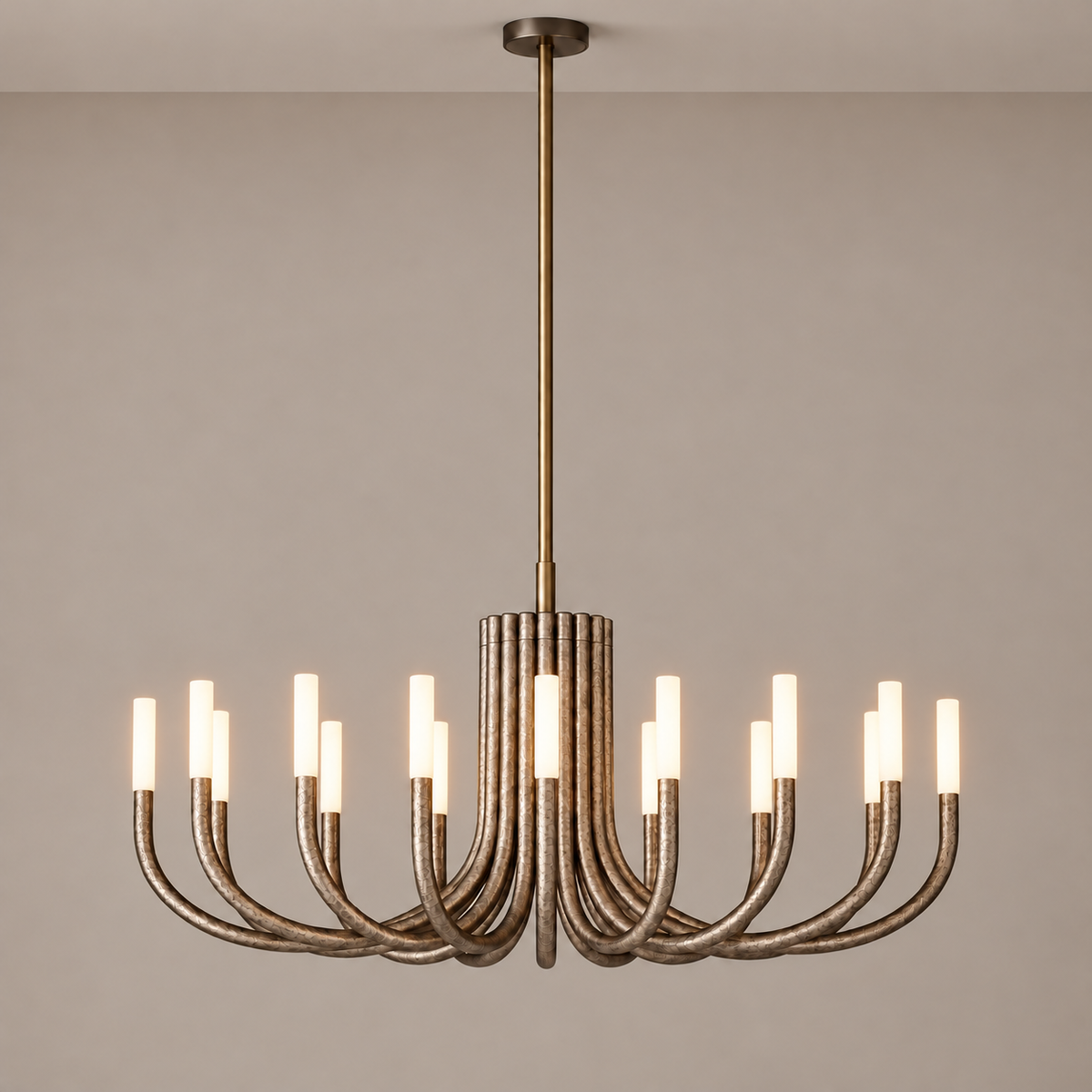 Grand Champagne Candelabra chandelier with illuminated white cylindrical shades