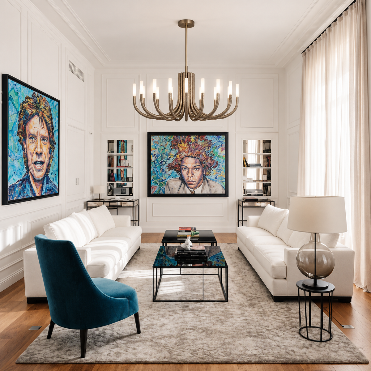 Grand Champagne Candelabra chandelier in a white-panelled living room with colourful portrait art