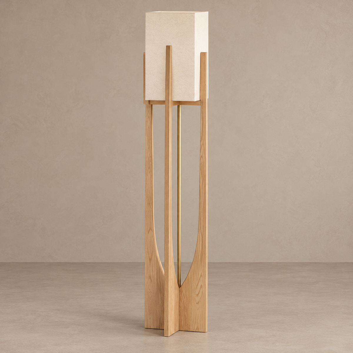 Large 145 cm CL4255 ash floor lamp switched off, with a light wood frame and central brass tube.