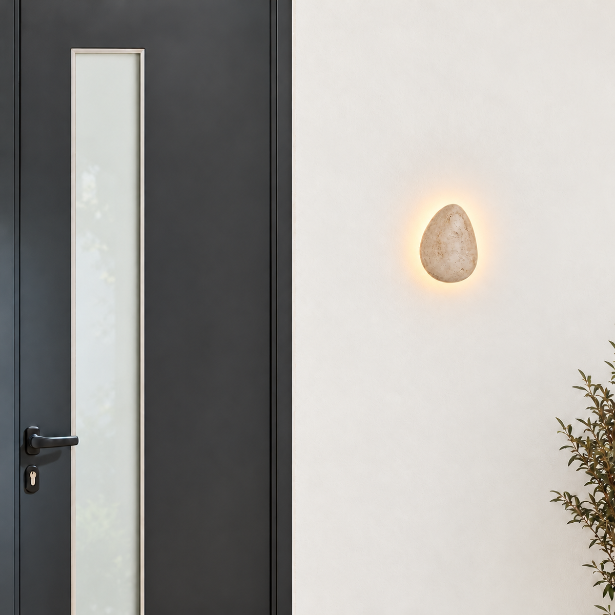 Small organic travertine wall light mounted beside a dark glazed entrance door with a restrained halo of light.