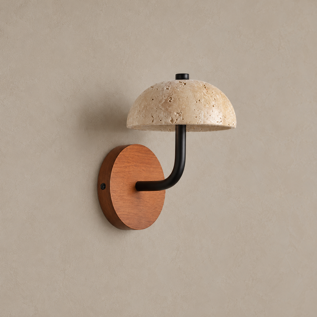 Travertine dome wall light with a wooden backplate and curved black arm, unlit.