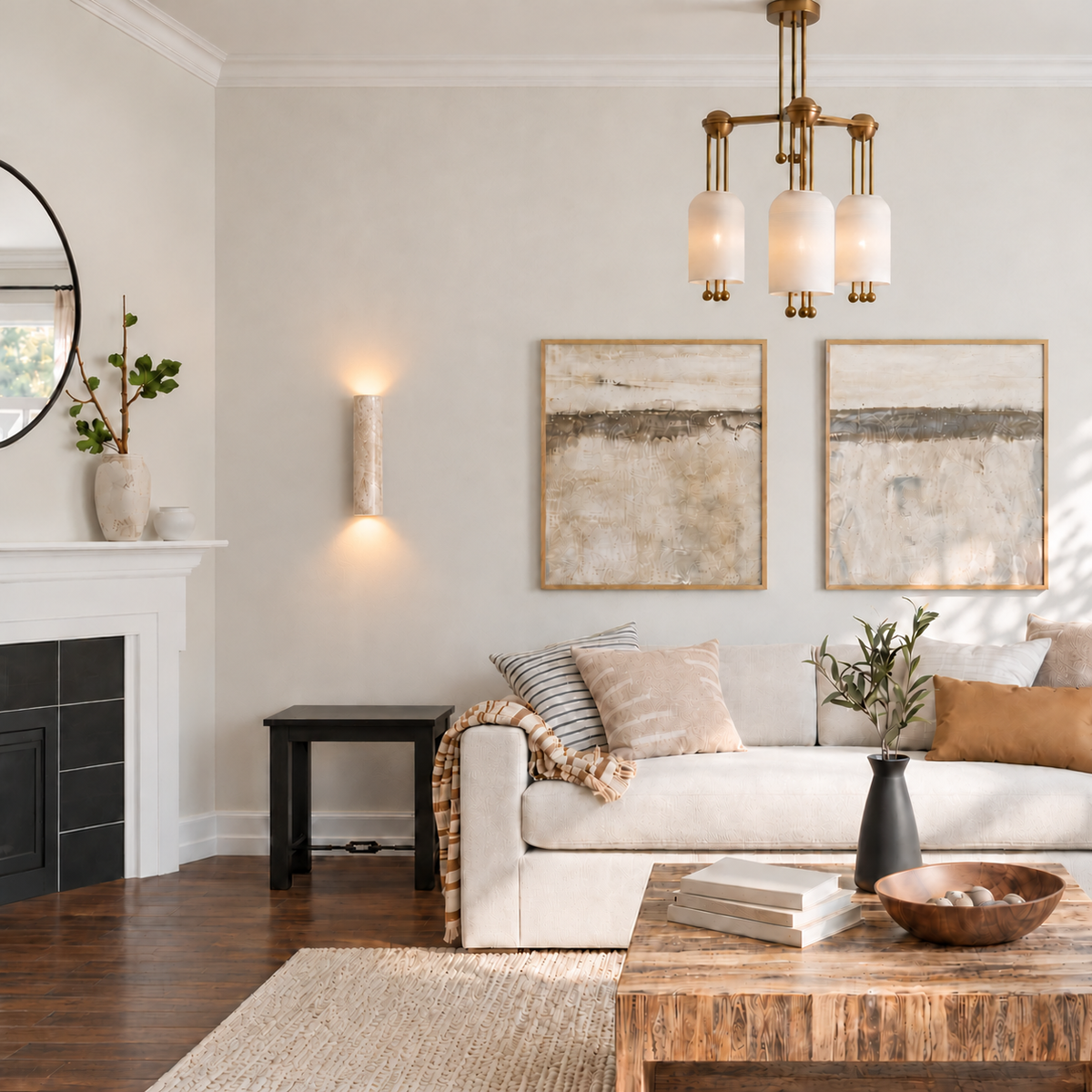 Travertine cylinder wall sconce casting a soft up-and-down light above a side table in a bright living room.