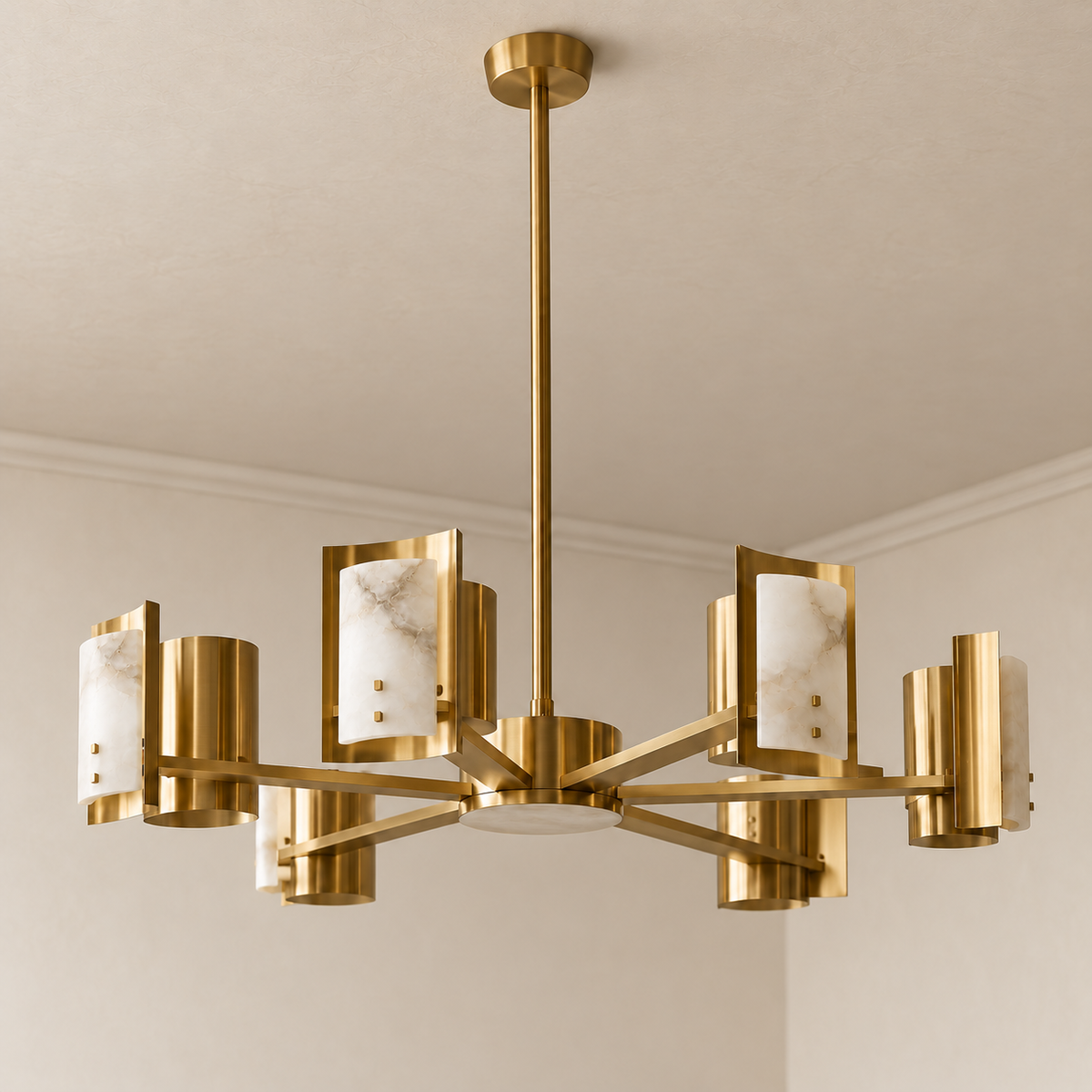 Low-angle view of the eight-light brass and alabaster chandelier.