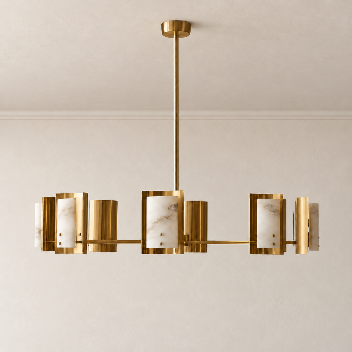 Eight-light brass chandelier with naturally clouded alabaster panels, unlit.