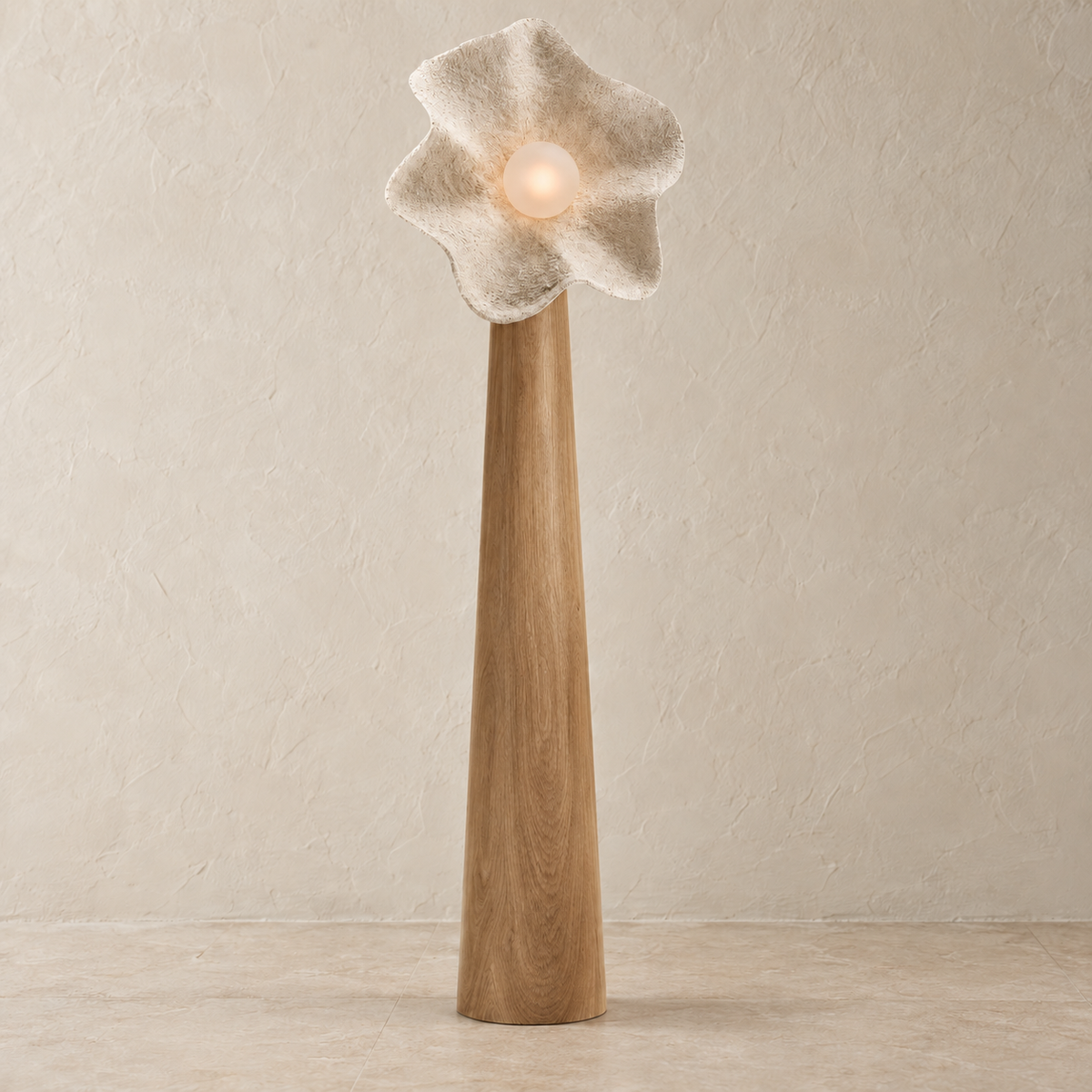 Large Petal floor lamp with its central light illuminated against a beige background.