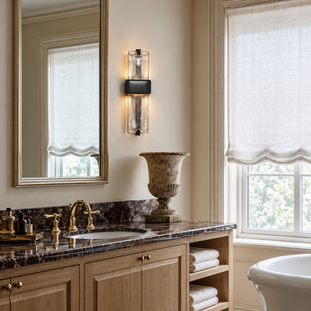 Black and clear glass sconce installed beside a bathroom mirror.