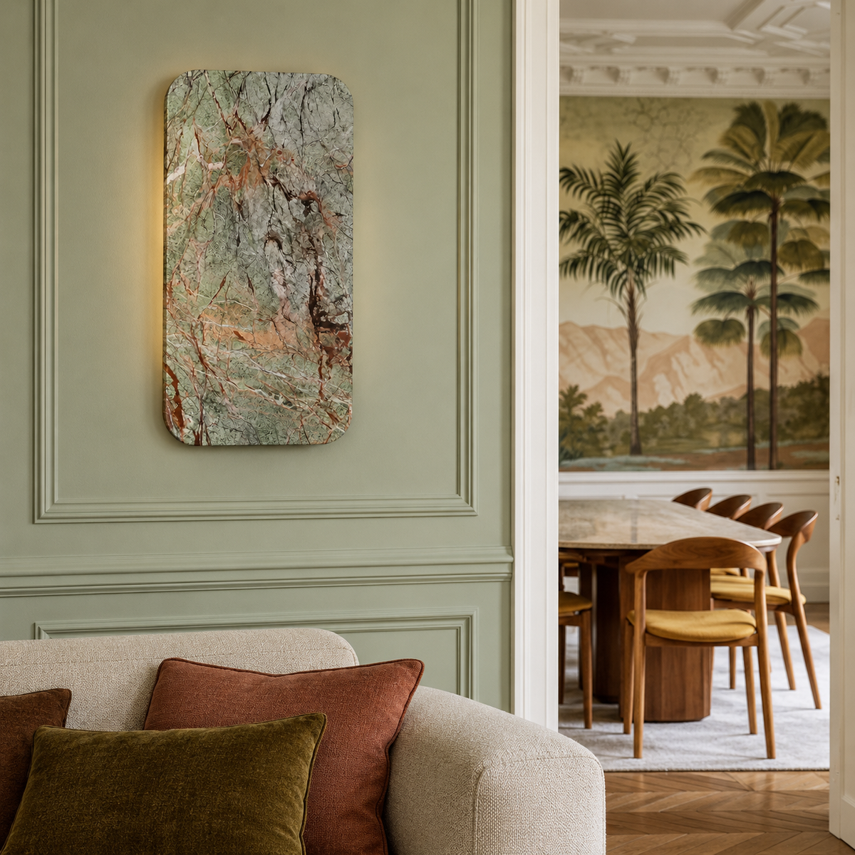 Green marble rectangular wall light, installed above a sofa in a sage living room