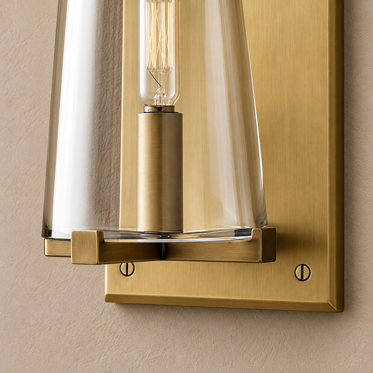 Close view of the clear glass shade, brass bulb holder and screw-mounted brass backplate.