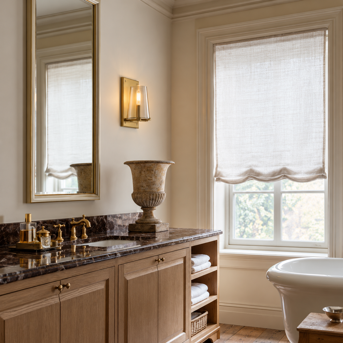 Brass and clear glass wall sconce beside a vanity mirror in a classic bathroom.
