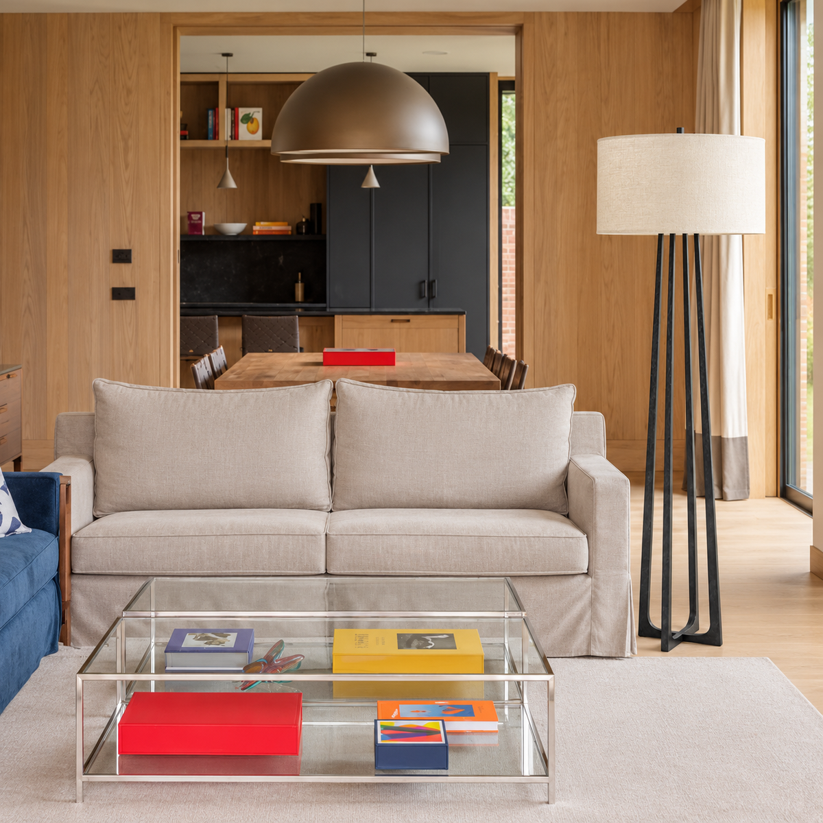 CLHJRH054B black floor lamp beside a pale sofa in an oak-paneled living room.