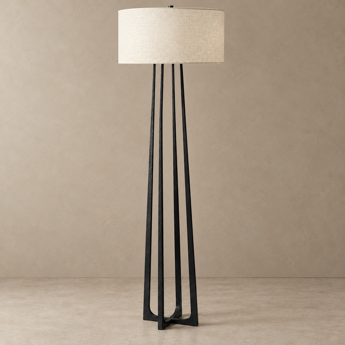CLHJRH054B black hammered-frame floor lamp with an ivory linen drum shade, switched off.