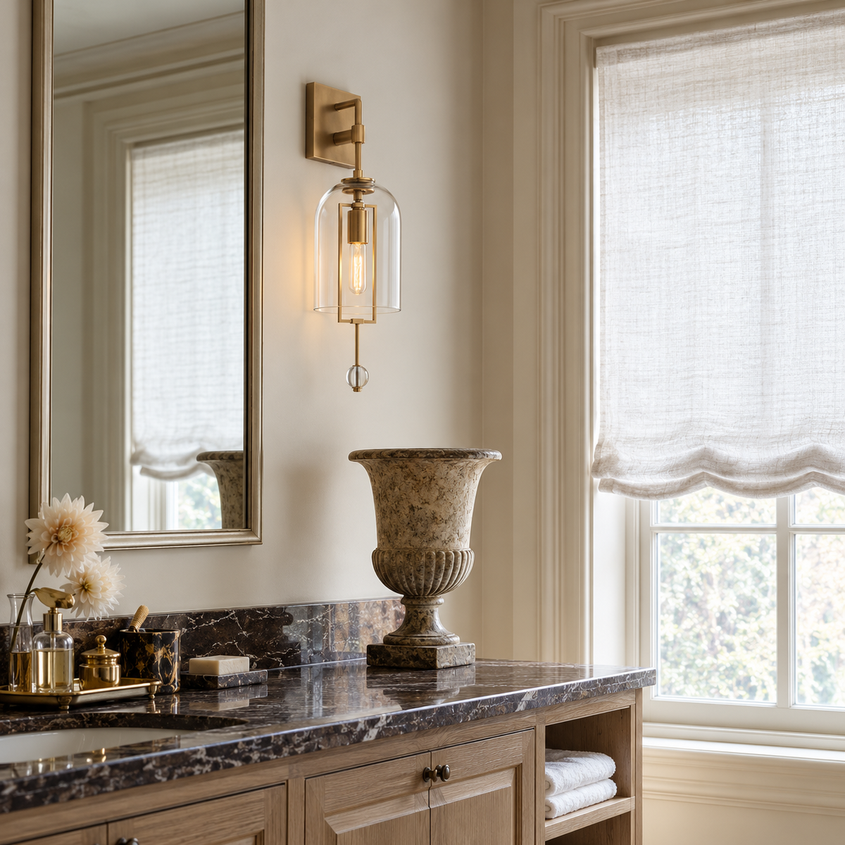 Brass and glass bell wall sconce beside a bathroom vanity mirror.