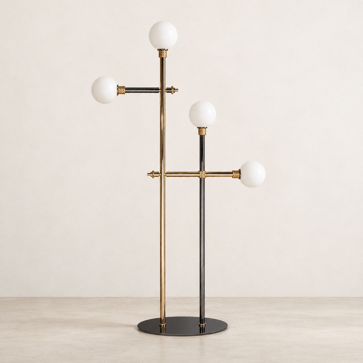 Milano floor lamp with four white opaline globes and an asymmetric metal frame, switched off.