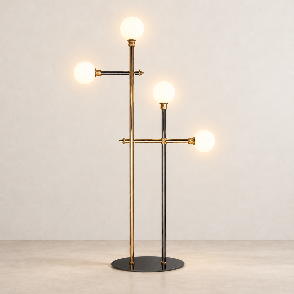 Milano floor lamp with all four opaline glass globes illuminated on an ivory background.