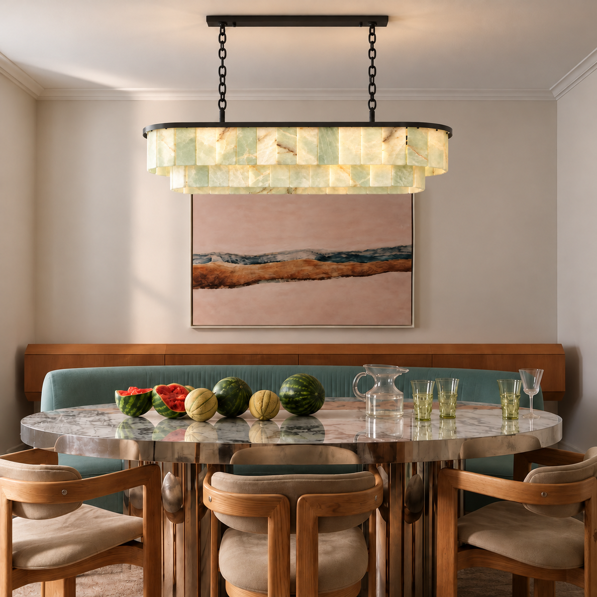 Green onyx linear chandelier installed above a dining table.