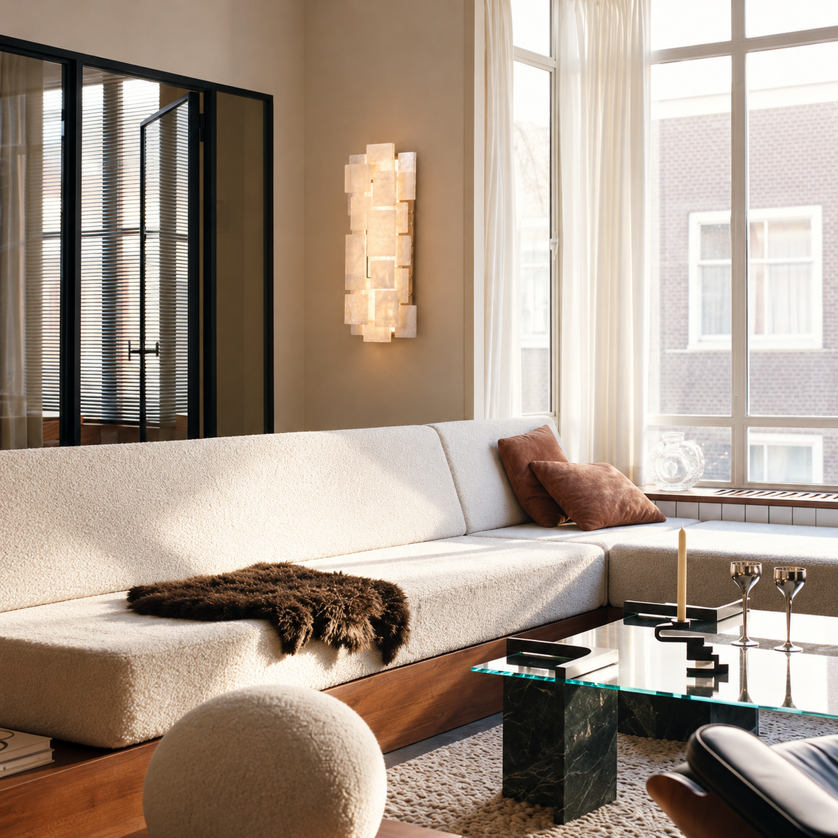Marble and crystal wall sconce beside a window above a built-in living room sofa.