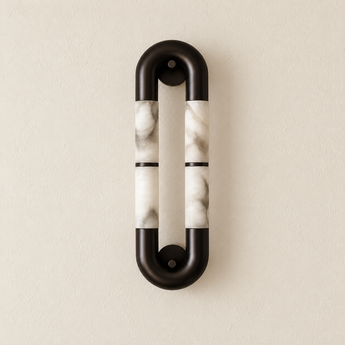 Elongated alabaster oval wall sconce with black metal connectors unlit against warm ivory plaster.