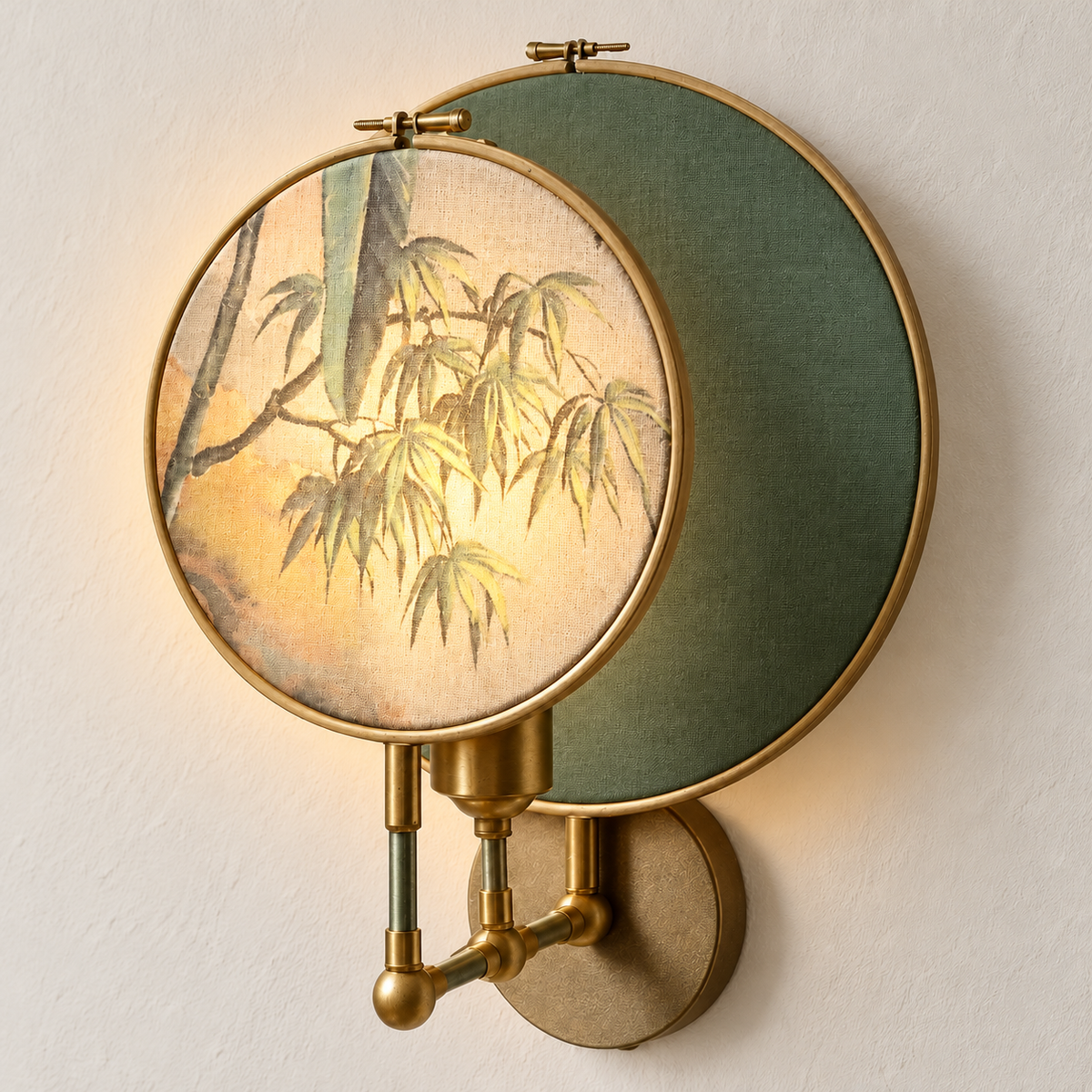 The same Luce di Rame botanical wall sconce illuminated.