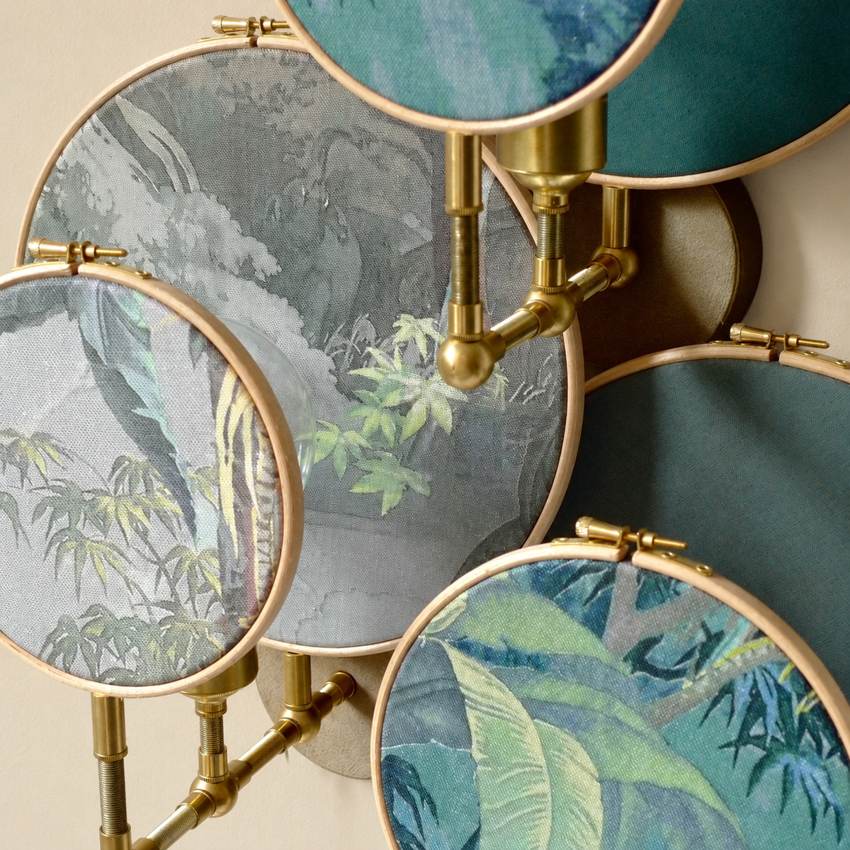 Detail of the botanical panels and brass joints shown for the three-part version.