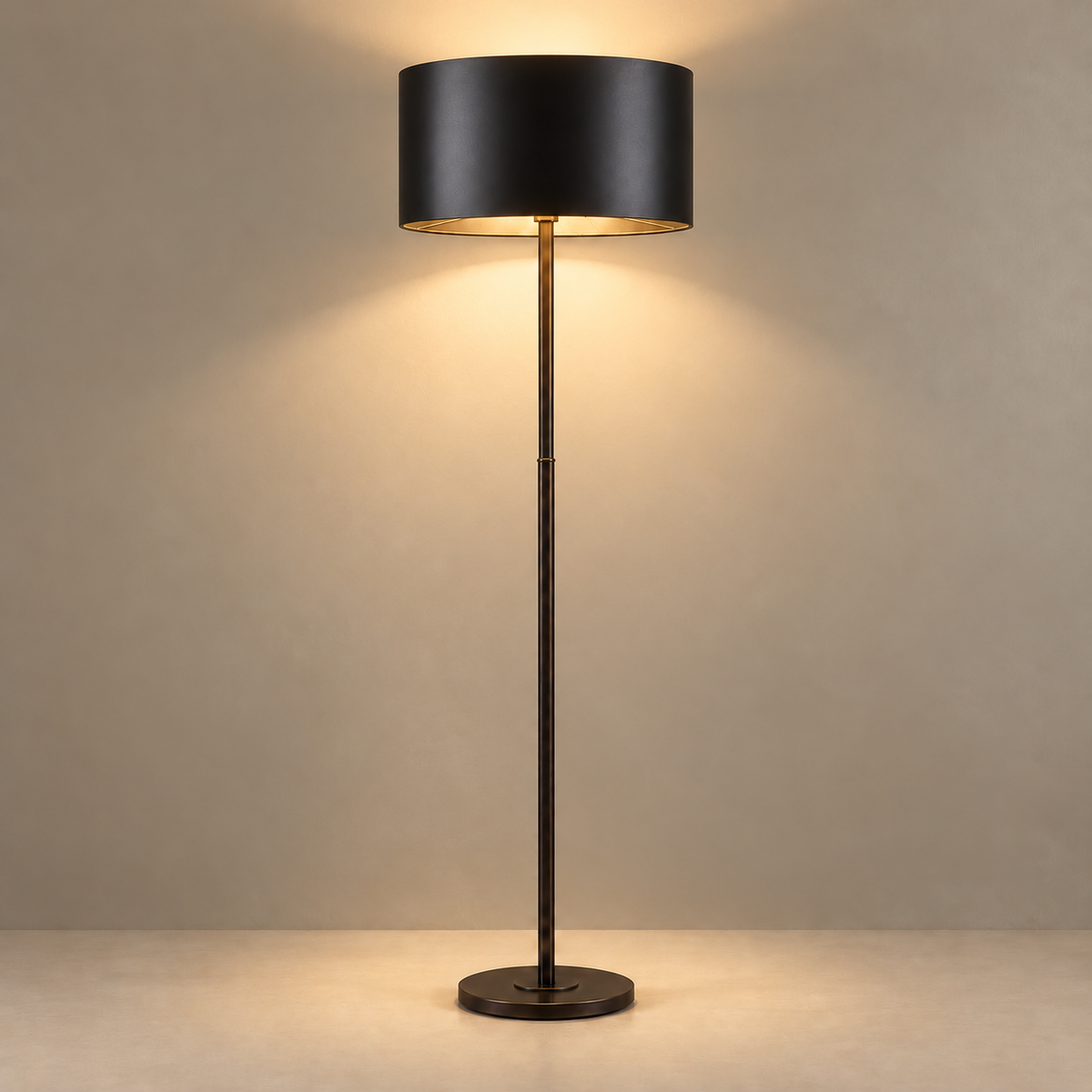 CLSEW025B black metal floor lamp illuminated with light directed above and below its drum shade.