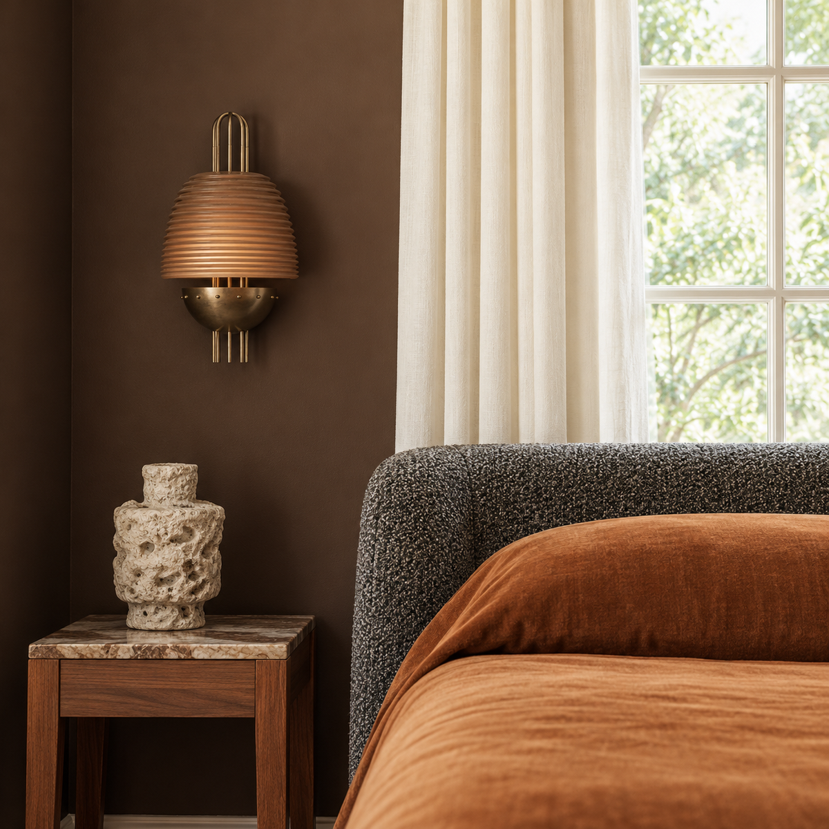 Cassian amber glass sconce beside a bed with rust bedding and brown walls.