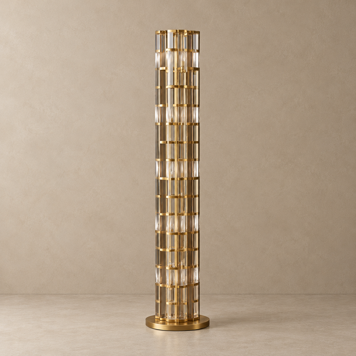 CLTAPE045 crystal rod floor lamp switched off, showing the golden frame and circular base.