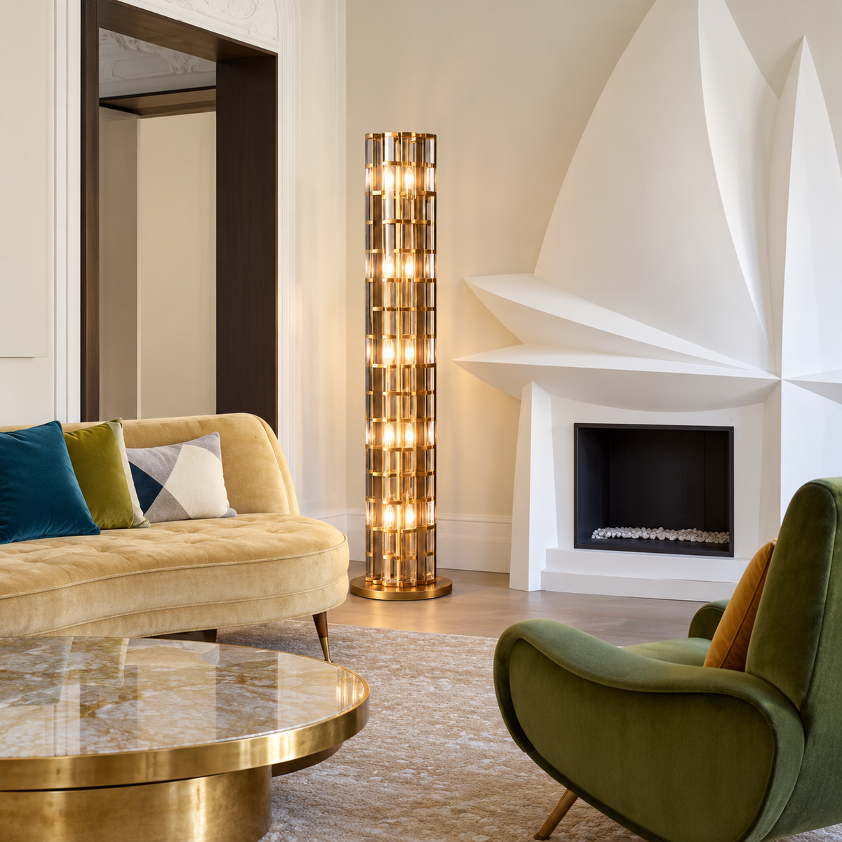 CLTAPE045 crystal floor lamp beside a curved sofa and sculptural fireplace in a living room.