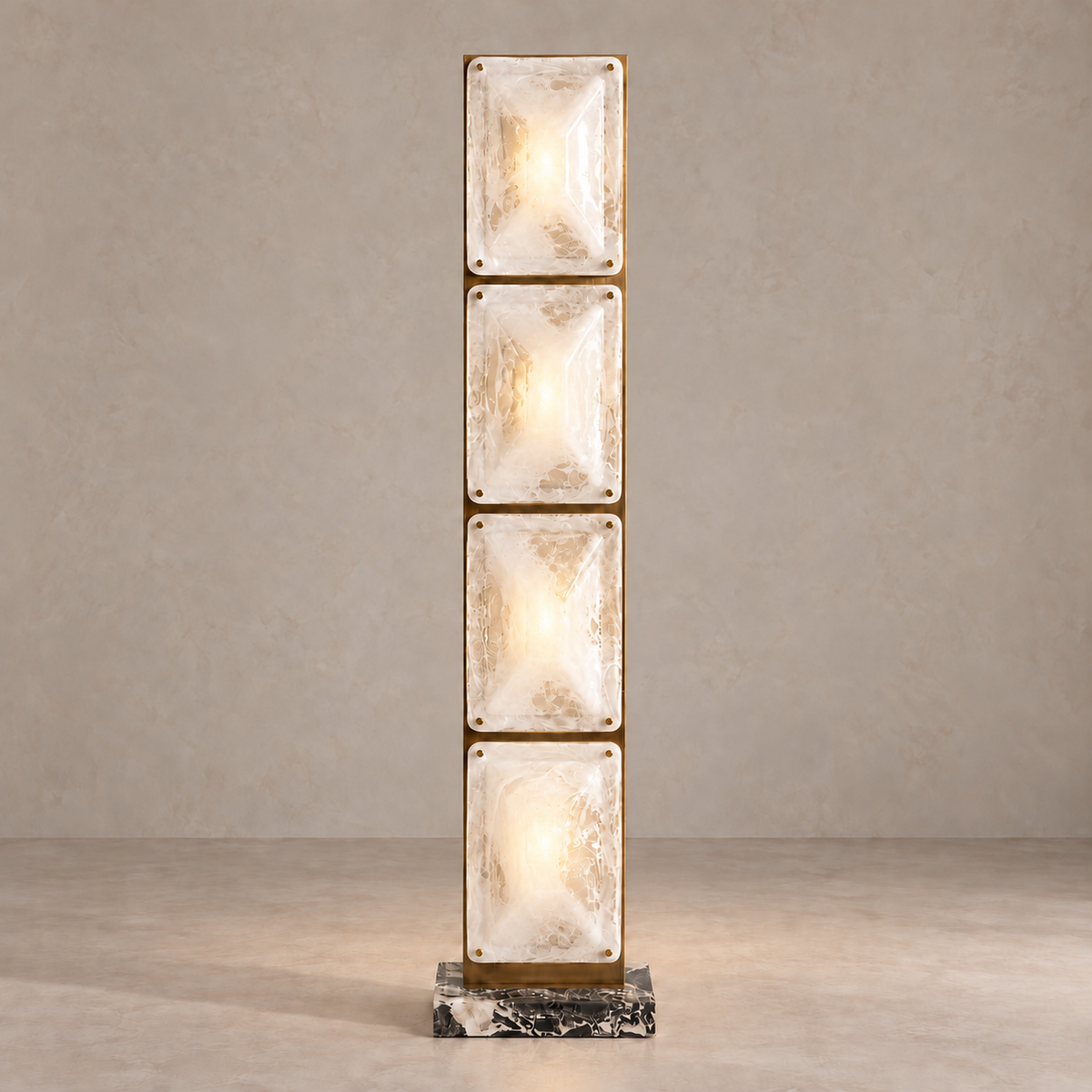 CLTPG160 floor lamp illuminated through four glass panels with milky white swirls and clear patches.