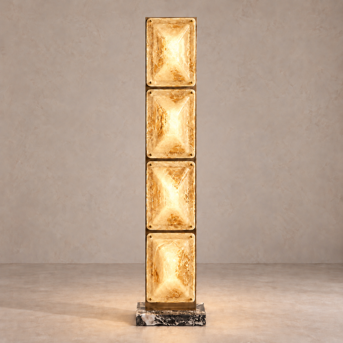 CLTPG160A floor lamp illuminated through translucent amber glass with softly frosted swirls.