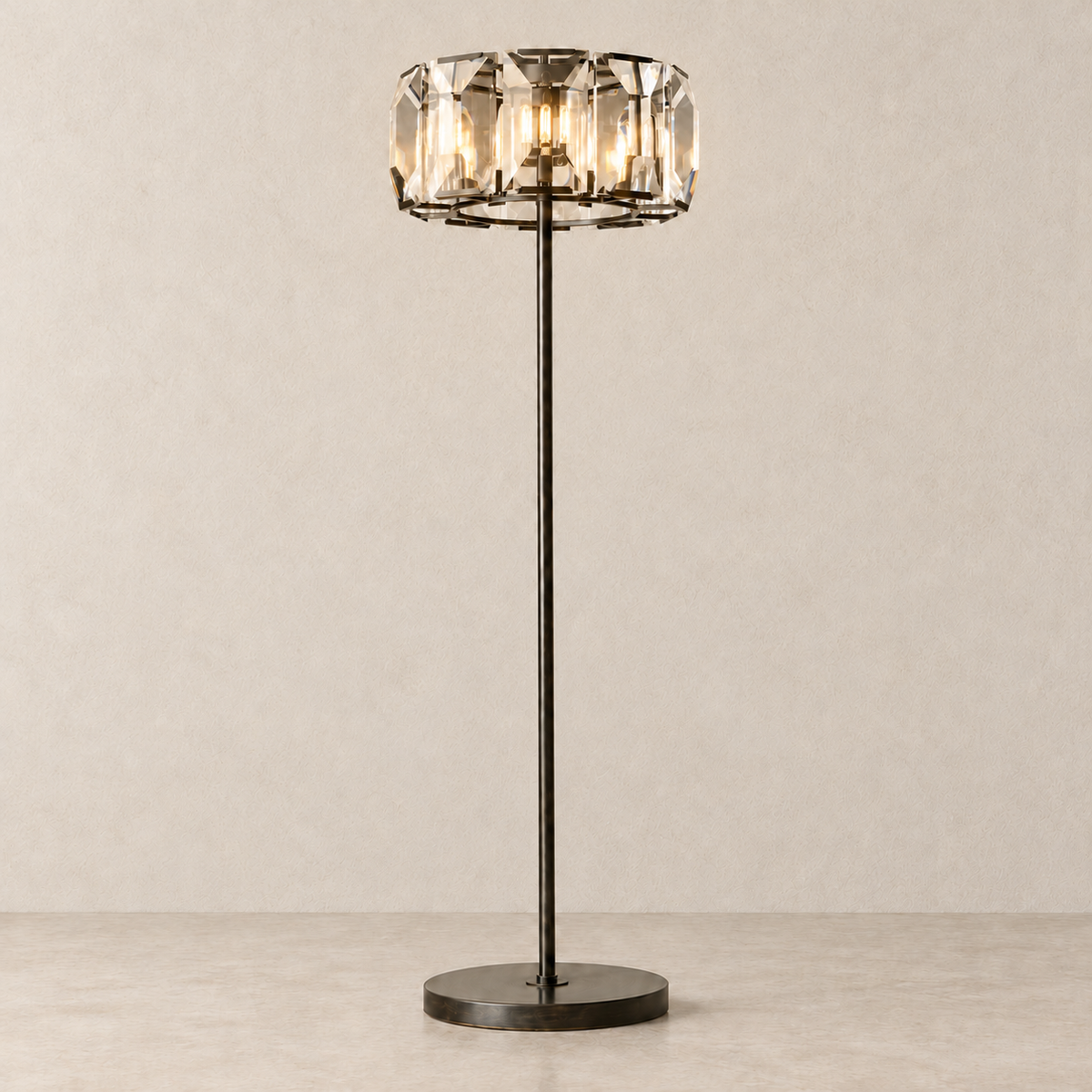 Trieste crystal floor lamp illuminated against a light beige background.