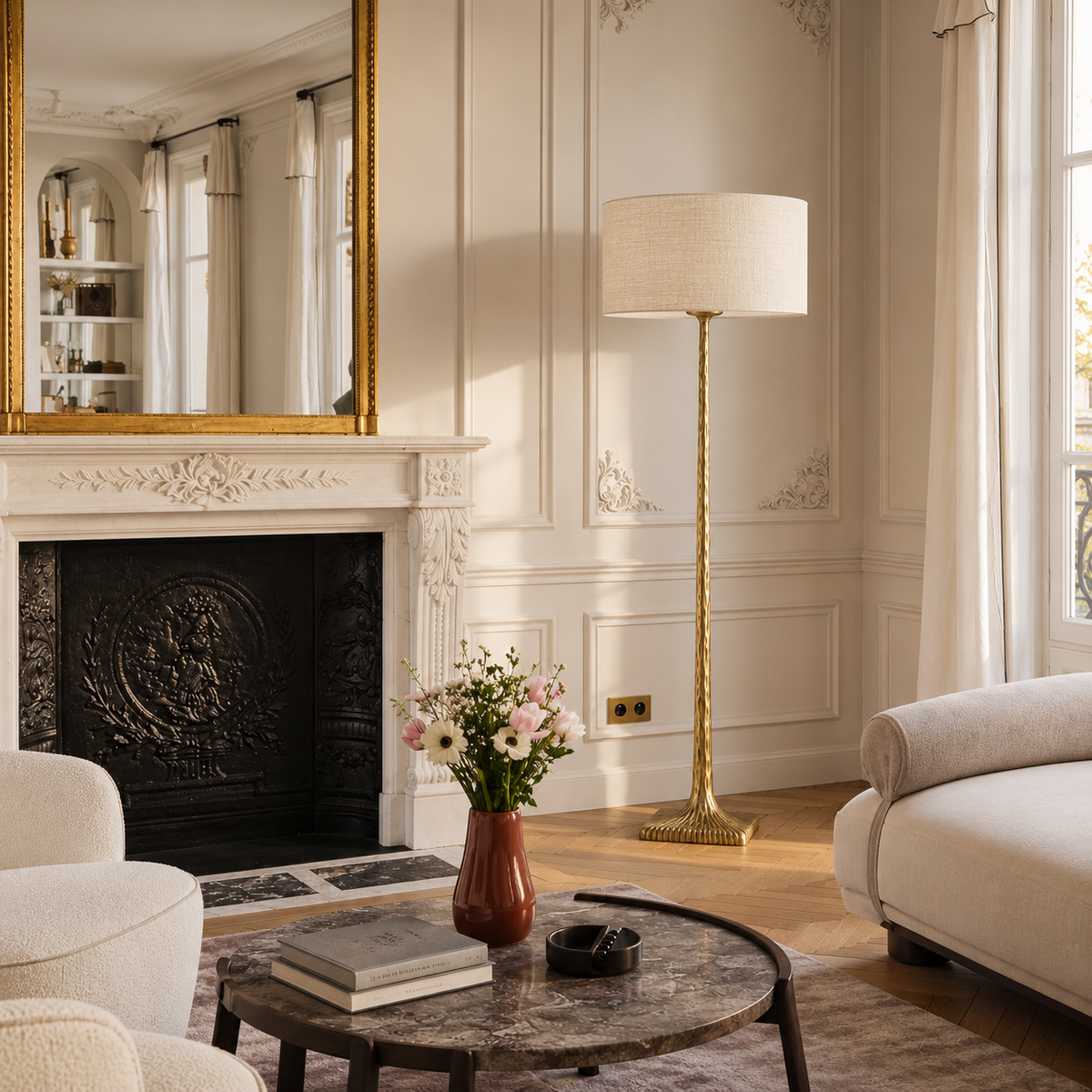 CLVGTPO1 brass floor lamp standing beside a sofa and carved fireplace in a Parisian living room.