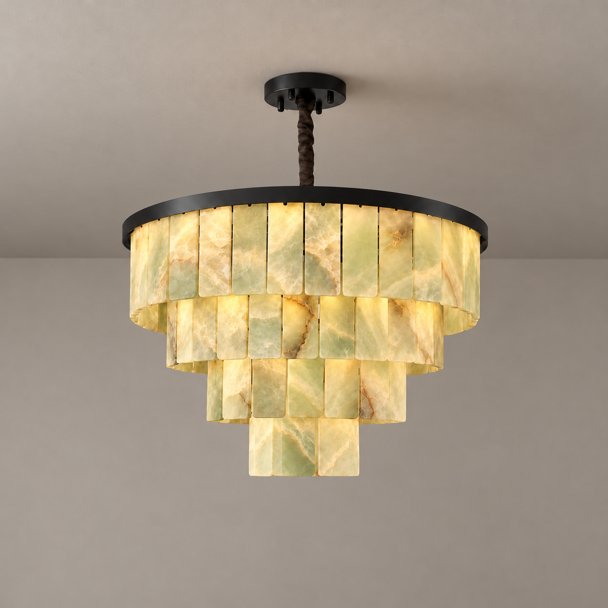 Four-tier green onyx chandelier with black frame, illuminated.