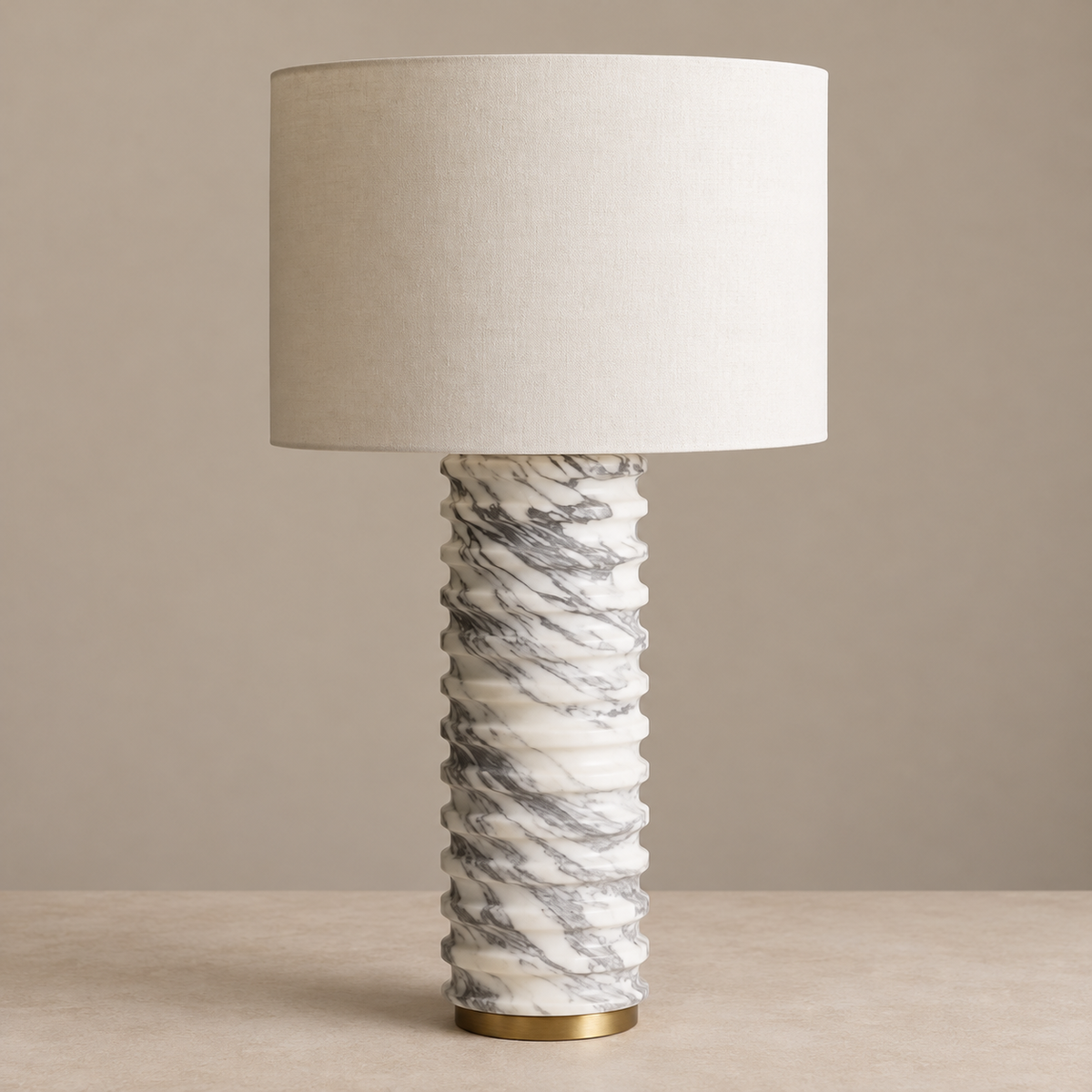 Ribbed grey-veined marble table lamp with ivory linen shade, unlit