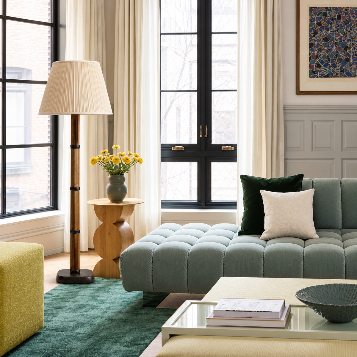 Galerie Fluted Column Floor Lamp with cream fine pleated shade in a furnished room.