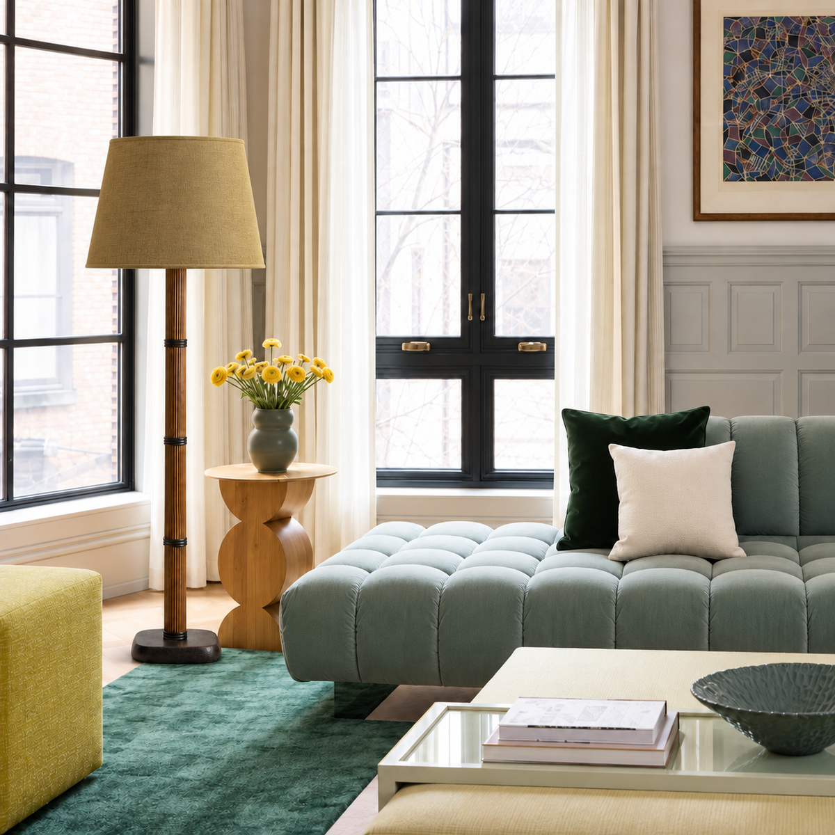 Galerie Fluted Column Floor Lamp with olive linen shade in a furnished room.
