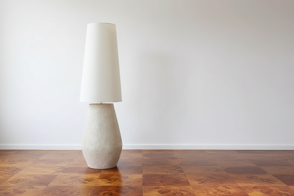 Plaster Floor Lamp Vessel Base Tapered Linen Shade Organic Modern 150cm