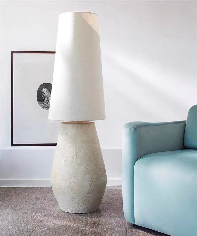 Plaster Floor Lamp Vessel Base Tapered Linen Shade Organic Modern 150cm