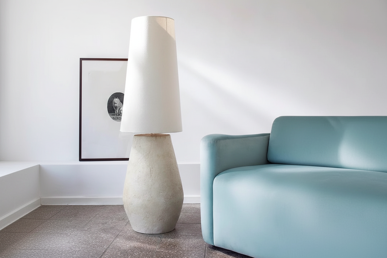 THE COMO PLASTER VESSEL FLOOR LAMP | 150CM ORGANIC MODERN LINEN CONE SHADE