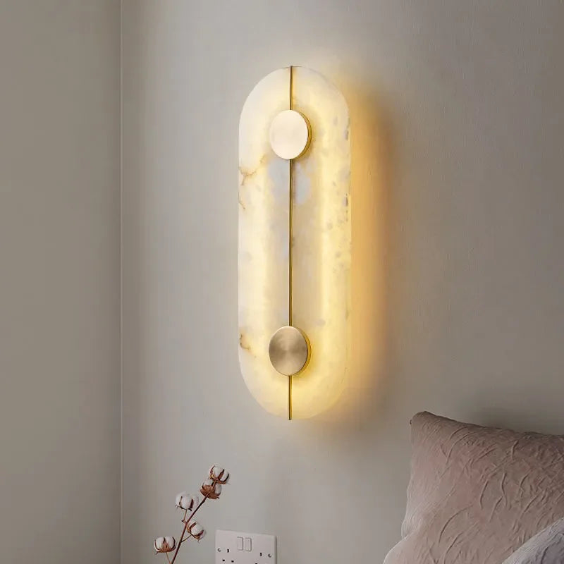 Marble Wall Light | Contemporary Round Stone Sconce with Copper Accents Dual Led Foyer & Bedroom Casalolalights Luxury