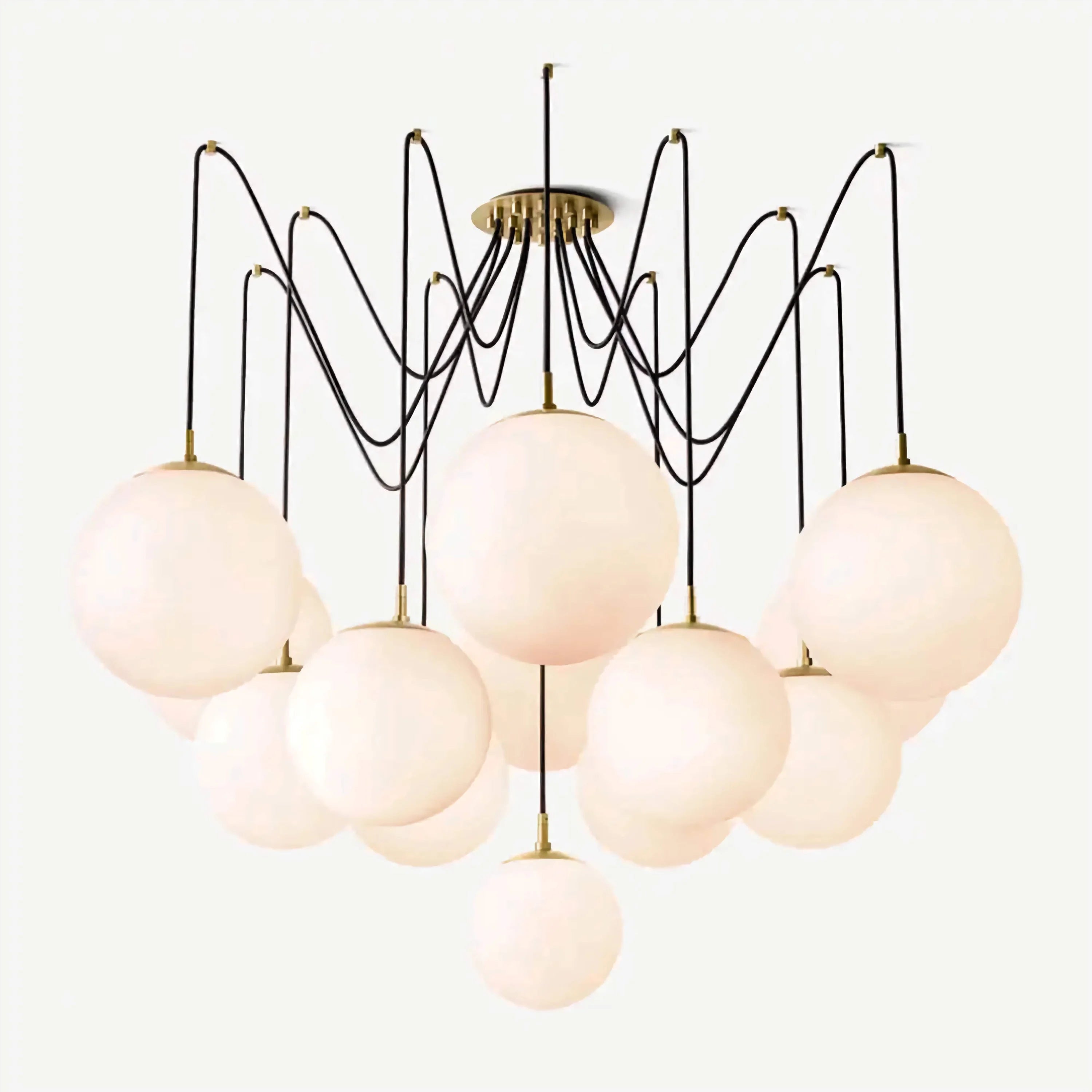 Multi Globe Pendant Chandelier | Black & Brass Flush Mount with Opal Glass | Modern Cluster Light for Entry or Loft