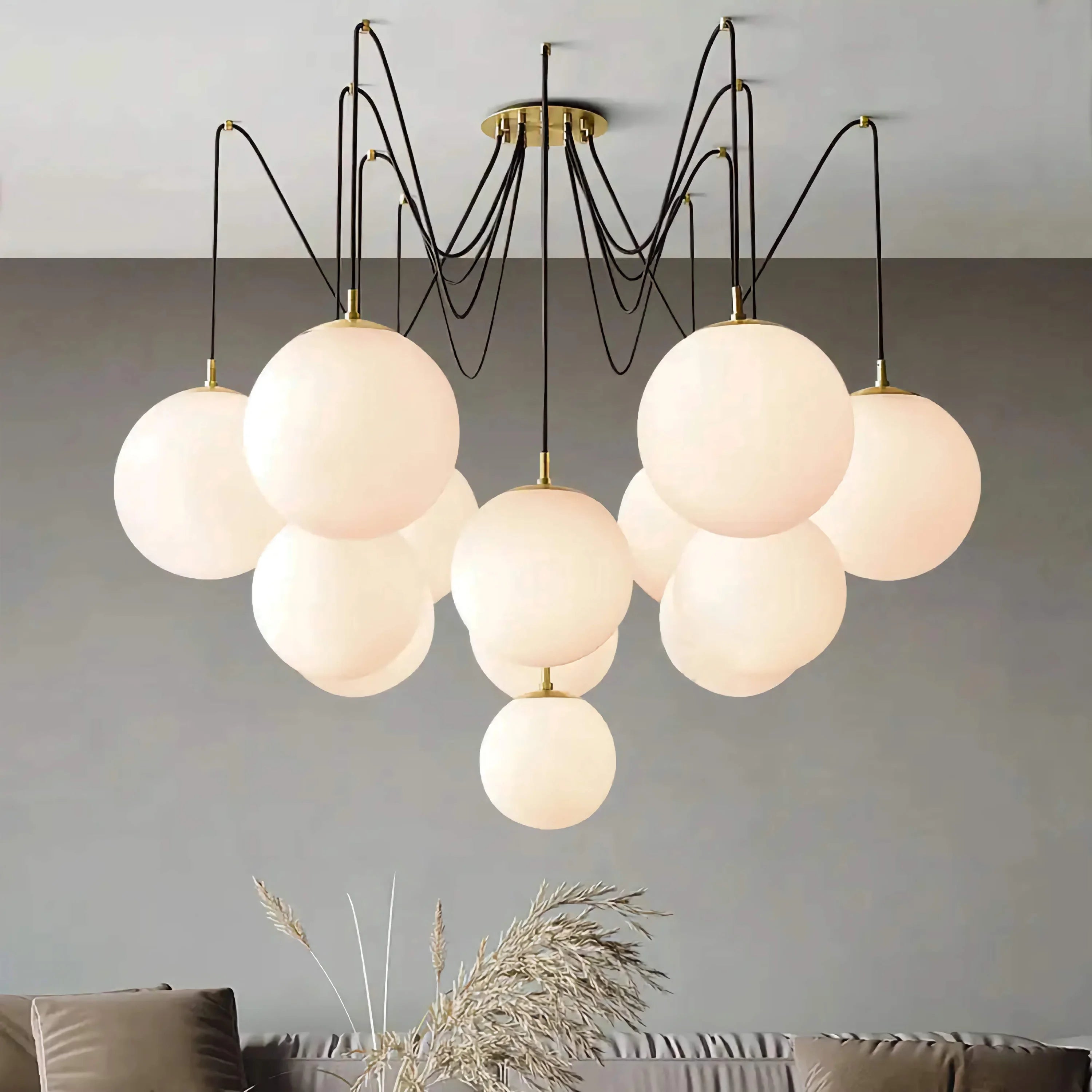 Multi Globe Pendant Chandelier | Black & Brass Flush Mount with Opal Glass | Modern Cluster Light for Entry or Loft