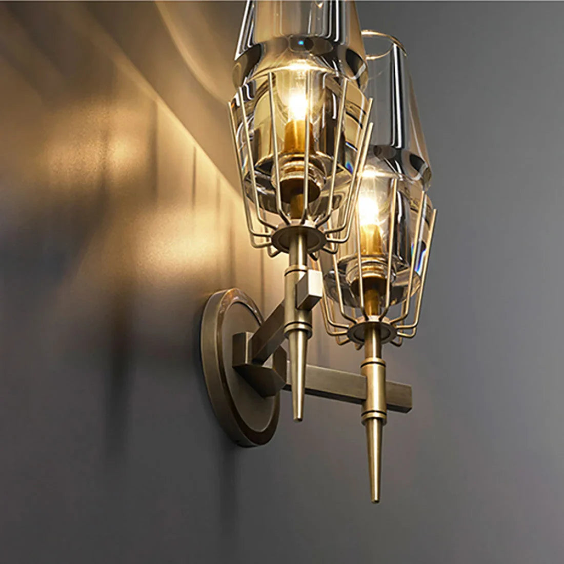 Art Deco Crystal & Copper Wall Sconce – Luxury Double Candle-style Light for Hallway Bedroom
