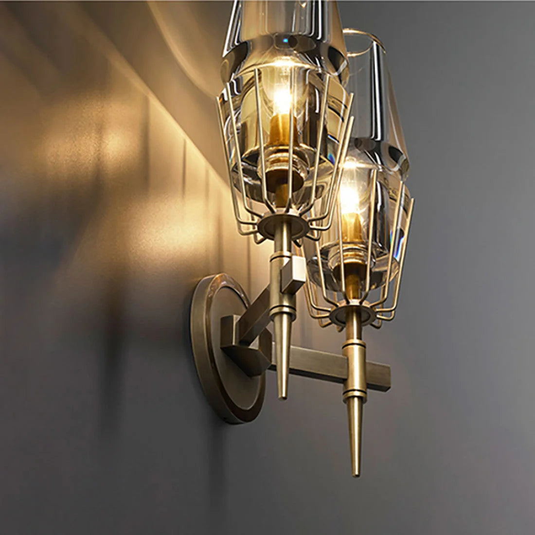 Art Deco Crystal & Copper Wall Sconce – Luxury Double Candle-style Light for Hallway Bedroom