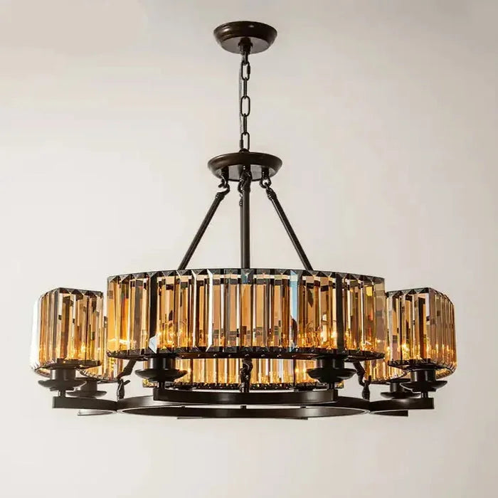 Amber Crystal Drum Chandelier in Bronze | Modern Dining Room | 8 Light Fixture for Ambient Lighting
