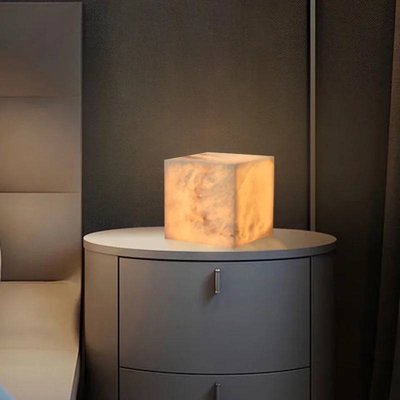Alabaster Cube Table Lamp | Sculptural Ambient Marble Lighting