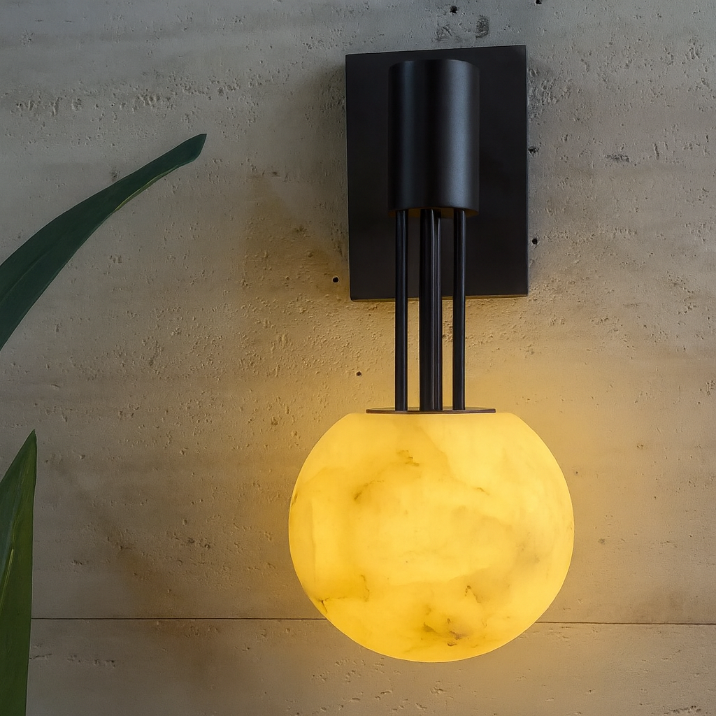 Alabaster Globe Wall Sconce – 3000k Dark Bronze Stainless Steel Light for Bedroom Hallway or Vanit