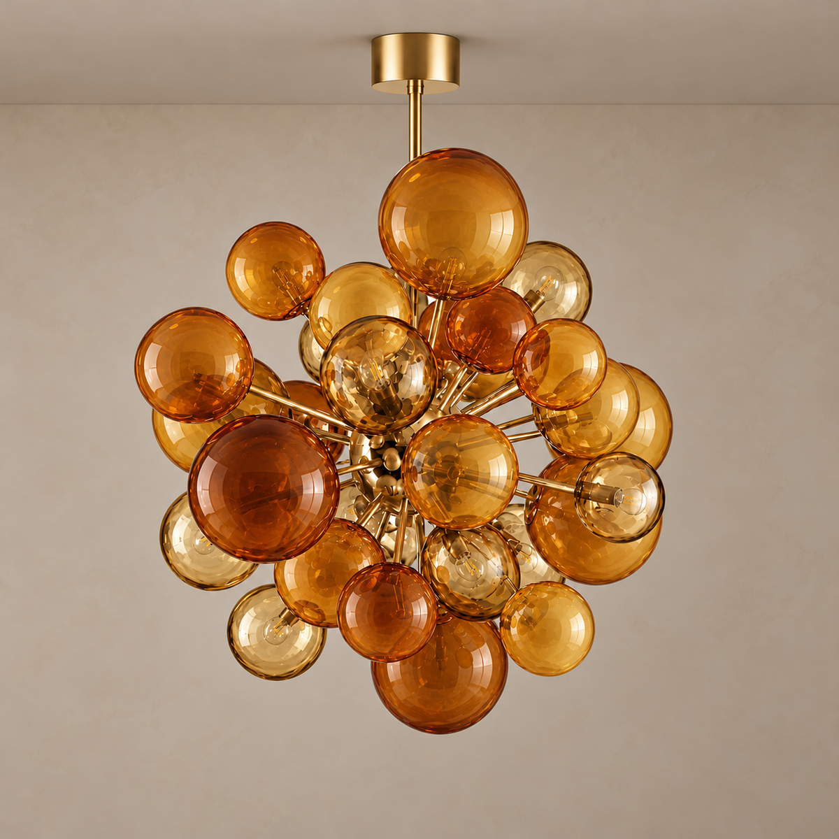 De Silva chandelier with transparent honey and cognac amber glass globes, unlit