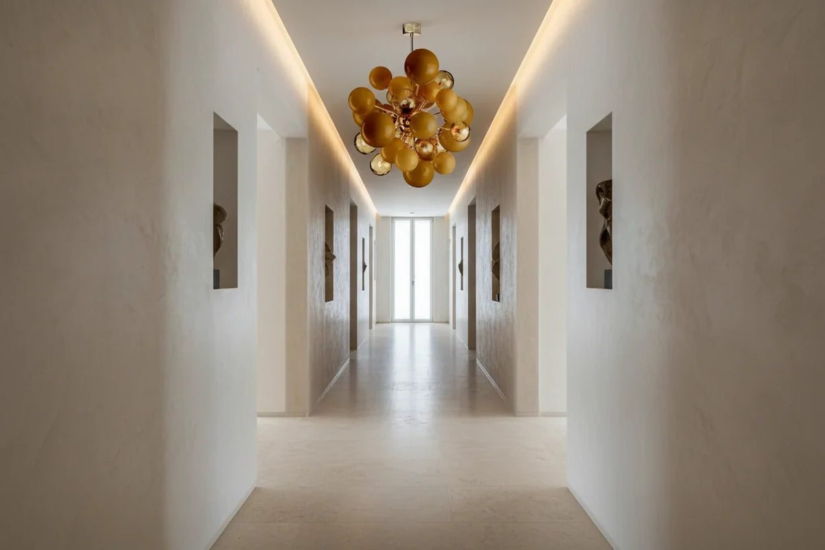 Murano Style Orange Glass Globe Chandelier Brass | Large Statement for an Entry Hall Custom Rod Casalola Lights Luxury