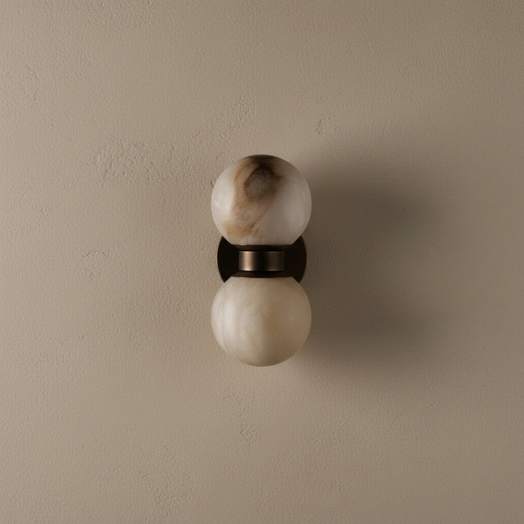 Double Alabaster Globe Wall Sconce – Copper 2-light G9 Lamp for Bedroom Hallway or Vanity