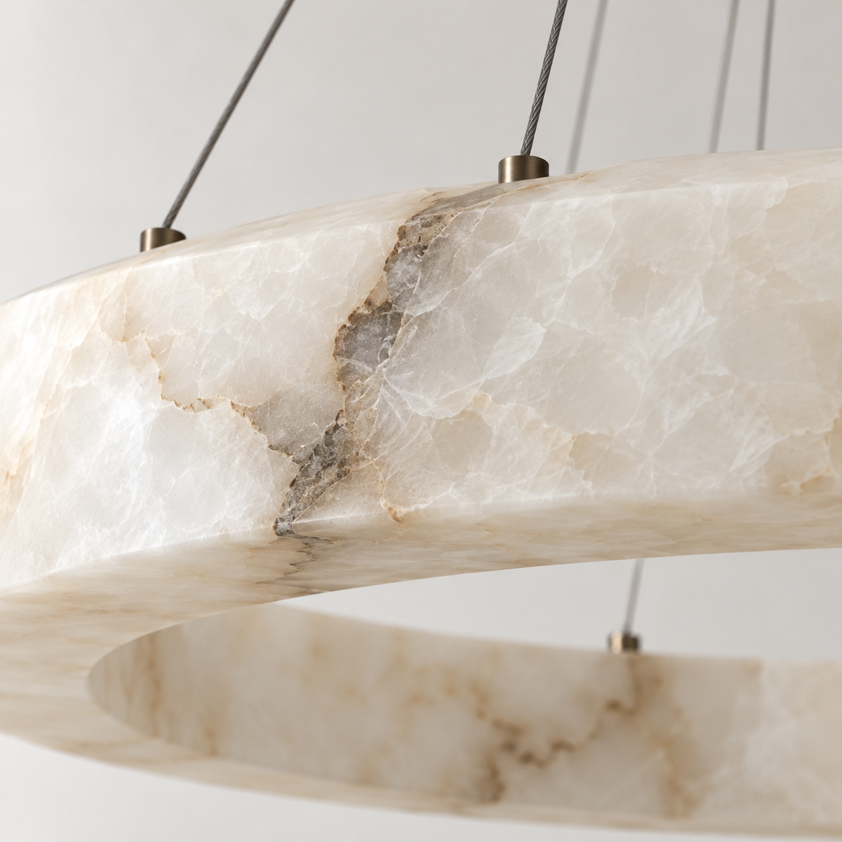 Close view of natural alabaster and metal fittings on the CLVC0211 chandelier.